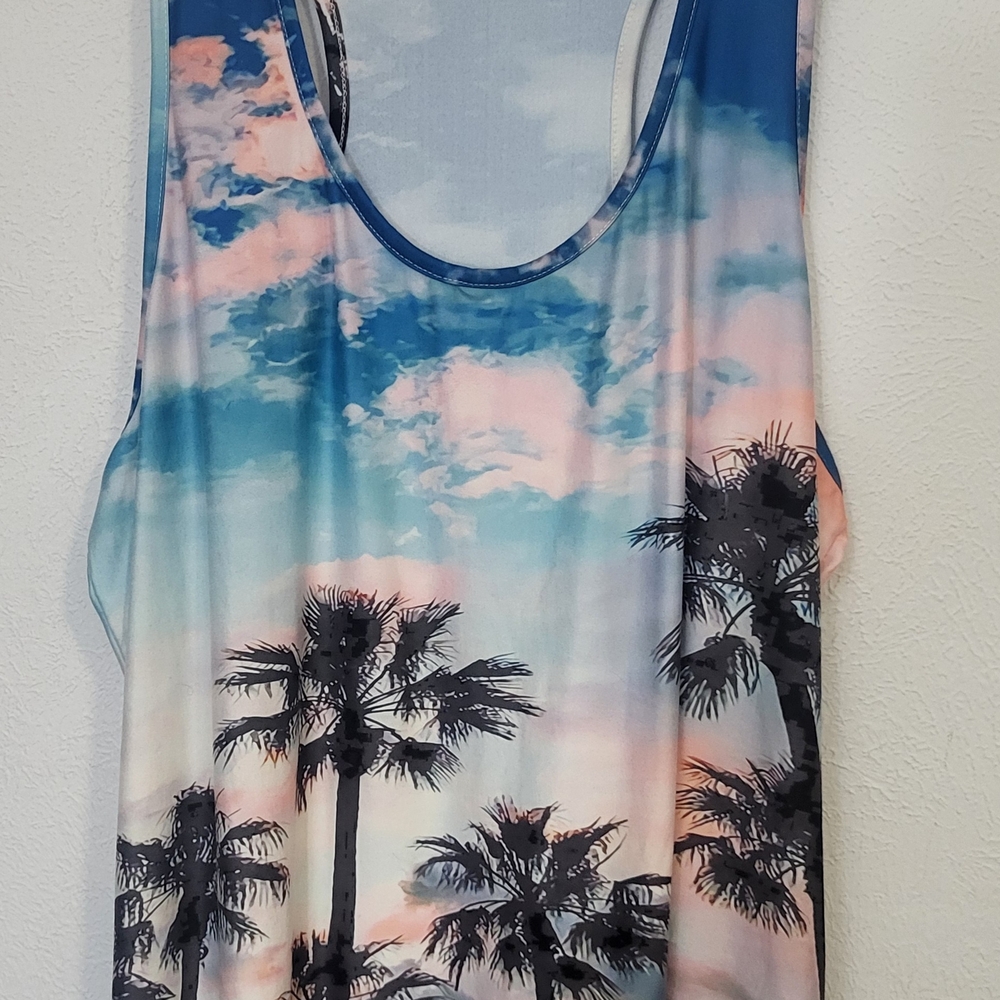 2 Tank‎ Tops. Women's Sleeveless Palm Tree Top - Blue and Pink + Blue Tank Top.